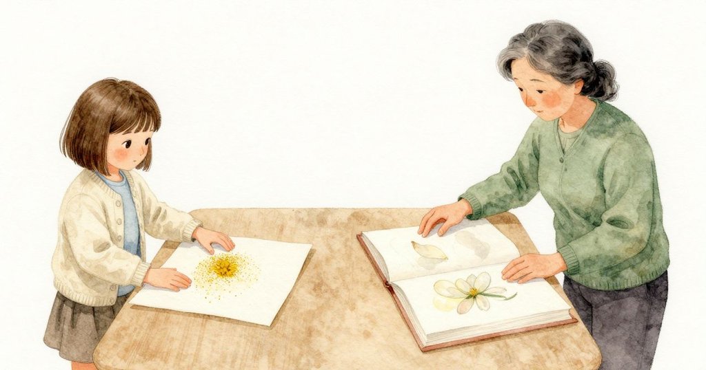 Nina 用指尖摸出舊頁被莖撐過的微波，伸手去取上層壓花紙時，看見桌上留著河石先前放置的花粉與灰塵橢圓印；她把乾淨紙邊對齊，一眼看見外祖母那頁圍著近乎透明花瓣的淡色，和母親那頁同一朵花的稀薄色與對頁的淺暈，而自己鮮亮的花正夾在新紙之間。