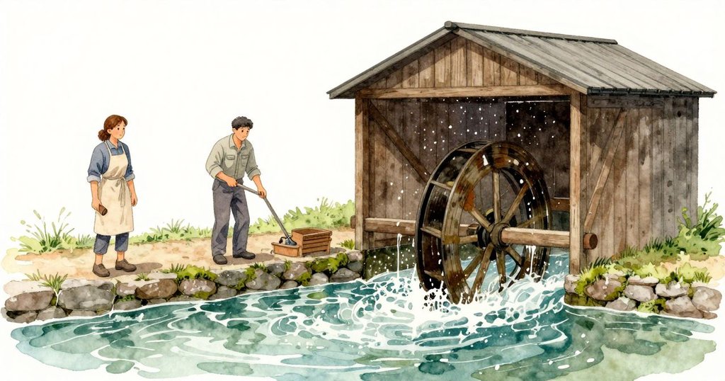 棚側外的水道急流穿過滑槽,水肩撞石緣,飛濺在濕木板上;木製水輪穩定轉動,每第三次水勢便清脆一響,之後短短一段靜。青綠水色帶白紋,石縫貼著潮濕苔蘚,戶外光線清冷而明亮。