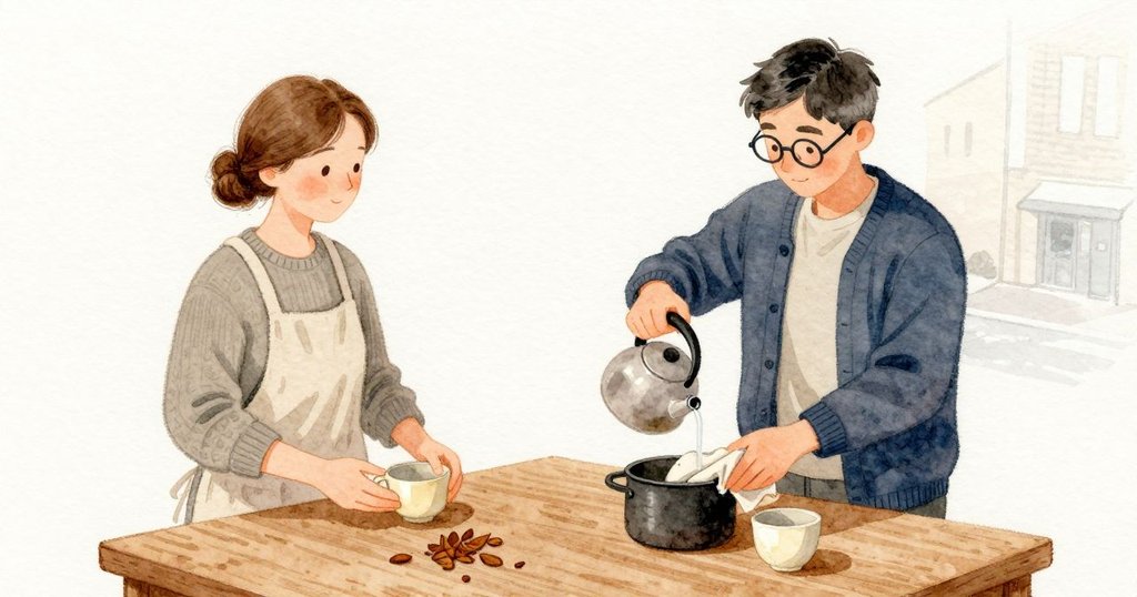 Astrid 將初洗的茶水倒去並蓋上小壺,氣味更厚、更帶焦香;Alden 把一只淺杯提起,放入柔布再放回,雙掌按著桌面穩住身子。壺嘴上的蒸氣越飄越長,貼到窗又變薄,窗外街線仍清楚。