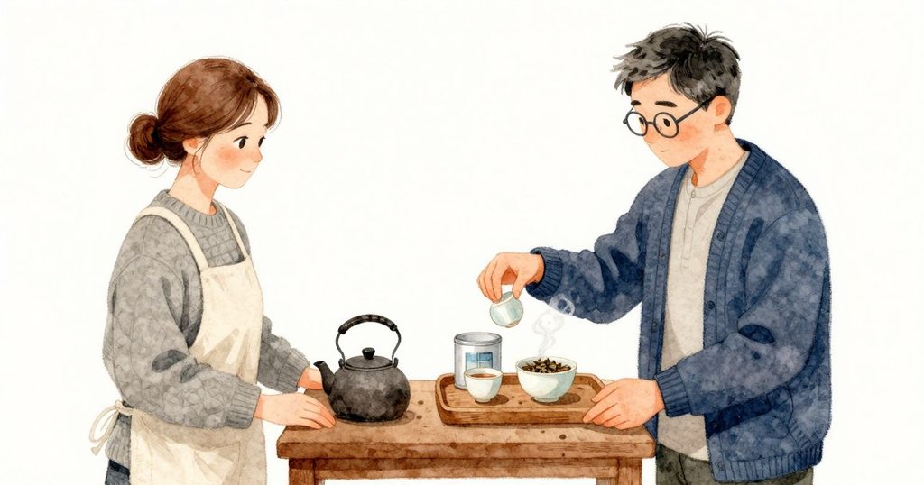 Alden 拿起最小的杯子在托盤上找位置、又微調兩次,讓杯緣對齊。水壺把手上的焦黑環帶出淡淡鐵味,與烘烤茶香相混。Astrid 再開鐵盒吸一口乾甜氣,量入茶葉、輕按蓋上的「喀」聲;窗玻璃依舊無痕。