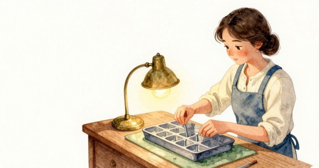 Yara 坐在一旁，卷起的袖口接住檯燈的暖光，她的手指把極小的螺絲分門別類地放進淺格，金屬輕輕敲到格壁，發出短促的清響。托盤剛好在光能觸及的位置，黃銅與鋼亮點微微閃動，桌面邊緣的木色在較冷的陰處保持安靜。
