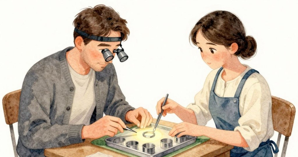 Cedric 將鑷子伸向那道淡淡的圓印，走到一半便把工具平放在墊上，讓空氣安靜下來；他放慢呼吸，胸口輕貼椅背。Yara 把零件托盤往前推了一指寬，金屬小杯輕碰後便歸於平靜。圓印安穩地待在燈光暖圈裡。