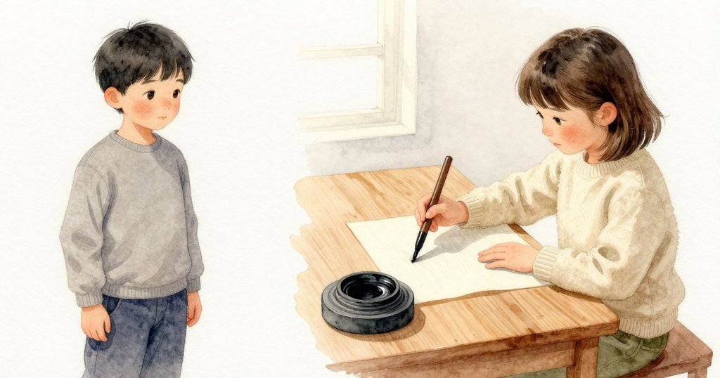 在天窗下的書桌上，Winter 用掌心穩住冰涼的硯台，慢慢以墨條畫圈研磨；墨條接觸的一端微微發熱，濕亮的深色沿著圓圈聚起。Cleo 把練習紙調好角度，紙纖維在光裡微微隆起。室內安靜，天窗的冬日光柔和落下。
