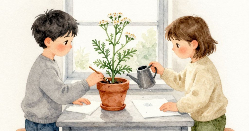 Winter 放下筆、拭去拇指上的濕意，走向窗邊的小蓍草；低矮陶盆的邊緣聚起水珠，貼著較冷的陶面停了一下才滑下，留下乾淨的水痕。一顆亮滴跳到桌面，Winter 和 Cleo 同時把新紙滑開。