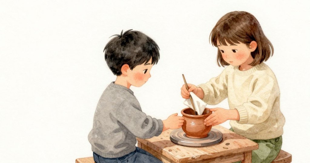Cleo 用布輕點濕痕，將陶盆放上杯墊，又讓布在涼涼的陶面上多停一息。Winter 的拇指沿著剛沾溼的盆緣慢慢畫圈，動作傳到手腕；另一手在毛筆上方懸著，在空中描出同樣的弧。Cleo 把紙轉開一指寬，用掌心撫平細微起伏。