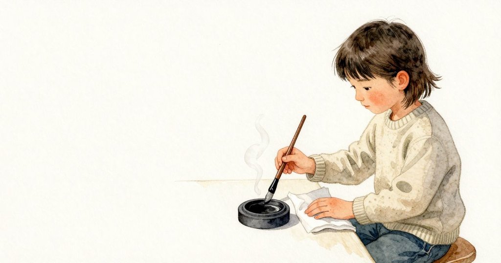 兩人一起懸著未落筆，讓起筆在動勢中而不是一灘墨。筆鋒微亮成圓，硯台仍帶陰涼，Cleo 剛按過的布面冒著淡淡白氣。Winter 手臂放輕、握姿開展，盆緣的弧度仍在拇指上回蕩；紙張在天窗下發亮。細小的氣流掠過手腕，濕潤筆毫顫了一下又匯成一點。