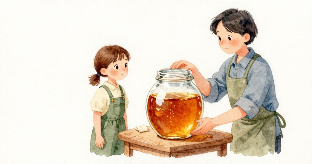Jude把蜂巢框輕輕傾起,較深的琥珀色蜂蜜匯聚流下,甜味帶著樹脂與煙的邊緣。Paloma以指節穩住罐頸,她的身影被玻璃弧度拉長變形。罐中細小氣泡緩慢上升,偶爾在光裡閃一下就隱去;一滴又一滴沿蜂巢邊緣滑入瓶口,桌與毛巾不為所動,瓶肩的淺刻痕也給不出答案。