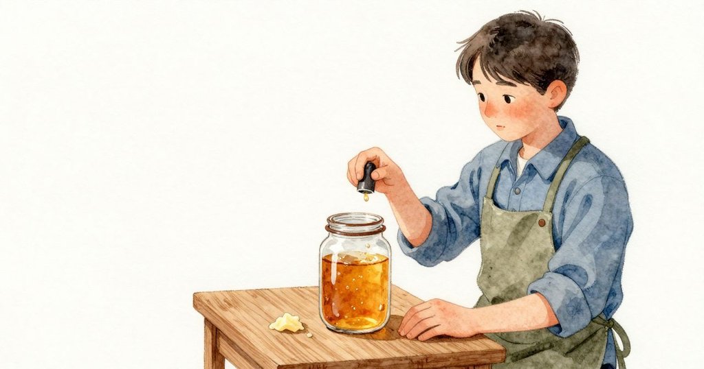 淡色的蠟屑在桌上堆成小小一團,甜味比明亮的蜂蜜更深;Jude在指間輕揉一片蠟蓋,暖意打開像陽光落木、田邊的氣息。玻璃罐繞著一圈黏亮的蜂蜜,她的倒影隨弧度彎著;罐內一列氣泡緩緩上升。她把指尖伸到滴點下方嚐了一口,房間回以樹脂、微焦與緩慢的蜂蜜氣息。