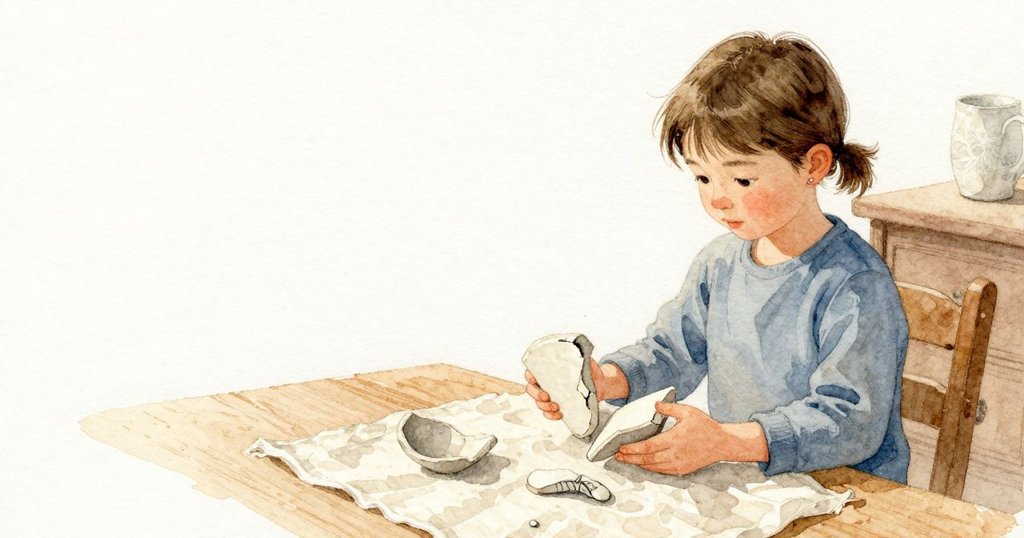 Willa 以雙手扶住兩片陶瓷碎片，讓斷面對齊並發出輕微一聲接合；兩道弧線之間露出一個如針尖般的小缺口，柔軟的布面撐托著碎片，室內光線在身影投下的陰影中稍微轉冷。