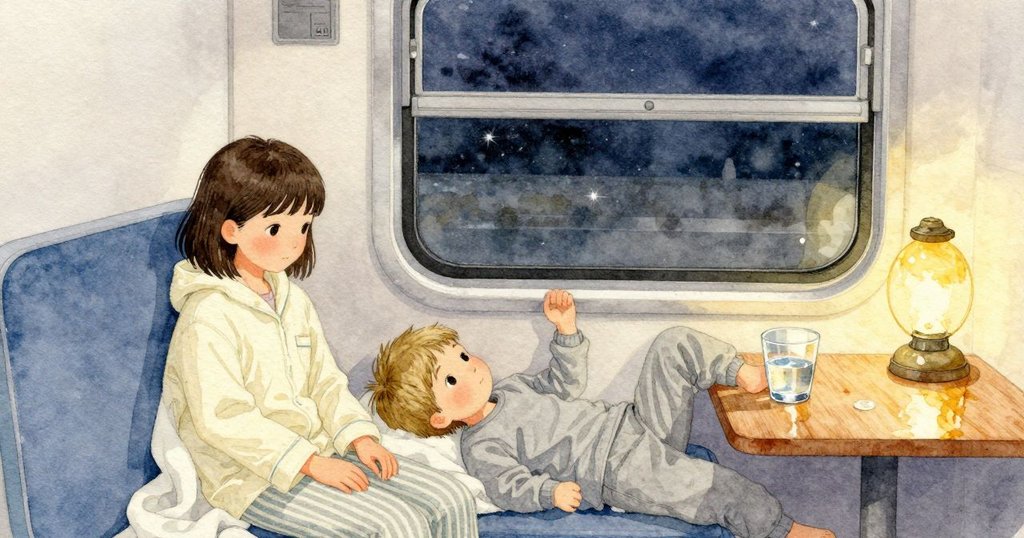 列車的節奏加快,杯中水面的傾斜變得短而快。Phoebe 的手在半空停住,等節拍安定,然後把水杯正正放在小桌邊緣附近,杯底在亮著暖光的木面上感覺穩固。她調整呼吸,和車廂的速度對齊,夜色則隔在密封窗外。