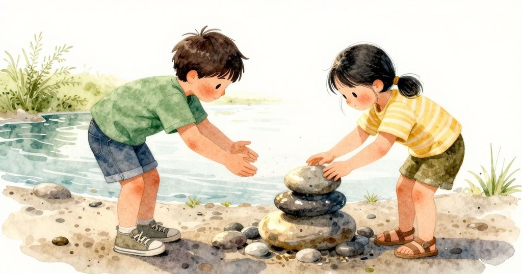 清晨在河彎邊，水光打在一顆被歲月磨亮的橢圓石上，它穩穩地立在三顆潮濕小卵石上；Emory 的影子落在淺色礫石間，Hedy 的雙手在石堆旁停住未觸碰。淺灘升起的暖流拂過他們的手腕，帶動一簇少女蕨細細搖動；河水泛著藍綠光，濕與乾的礫石相鄰成斑。