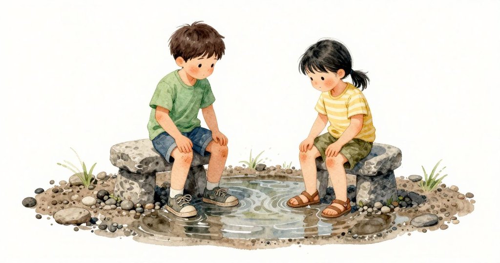 石堆的底層在濕礫中坐穩，留下細小的橢圓凹痕，寬度大約等於 Emory 兩指；塔身更穩卻略低。風從水面推過時，少女蕨的細葉輕拂上方那塊石頭，擦過即離，濕亮的礫面環住壓痕邊緣。