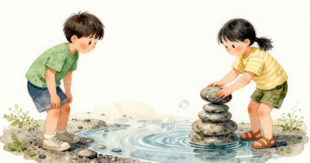 Emory 把頂石提起暫停在半空，手肘收近，重量在掌間拉住；淺灘邊一顆小氣泡升起、輕輕破掉又不留痕。若再放下，底座的凹痕會更寬更深，高度卻要讓出一點；此刻少女蕨的細端幾乎與頂石同高，安靜等待下個風觸。