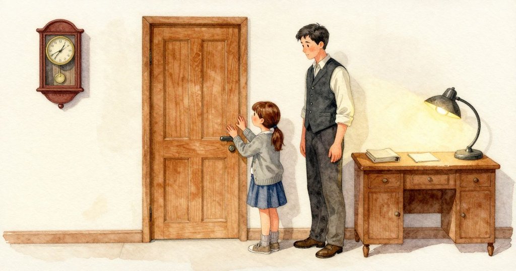 敘述者與 Dorian、Josie 一起踏入小站辦公室的片刻。Dorian 的手按在門上被長年摸得發亮的平滑木面，控制框、擺鐘與壁掛電話各就其位，邊角被摩擦得微亮。桌上的帳簿脊背在燈下泛淡淡的光，頭頂一盞燈把溫暖的琥珀色圓光收在桌面，四周木質在柔暗中安靜。Josie 的袖子輕刷過 Dorian 的外套。