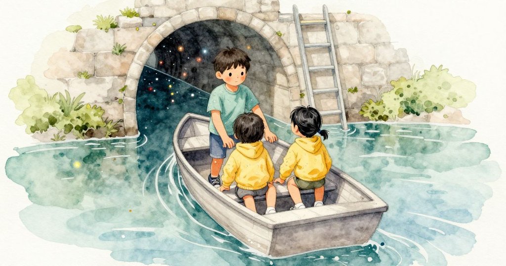 船座輕輕頂著兩個孩子的背，水道讓小船穩穩前行；水拍打船側的節奏透過座椅傳上肩膀。前方的隧道口以整齊間隔閃著彩色光點。Reese和Olwen臀部相貼而坐，袖口被細霧沾濕，膝蓋輕靠著船身的弧面。他們先做出熟悉的後仰，再回到靜止。空氣在隧道口前變得微涼，彩光在潮濕的塑料和水面上柔柔蔓延。