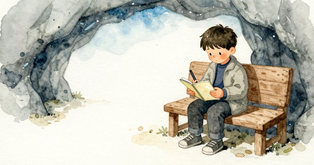 Noelの手に小さなノートが持ち上がり、しっとりした薄い面にゴム先のスタイラスがそっと浮かぶ。舟のゆるい揺れで軌道がずれ、親指で下端を押さえると湿りで角がやわらかく曲がる。薄い青の光が紙と指に触れ、木の座板が静かに体を支えている。
