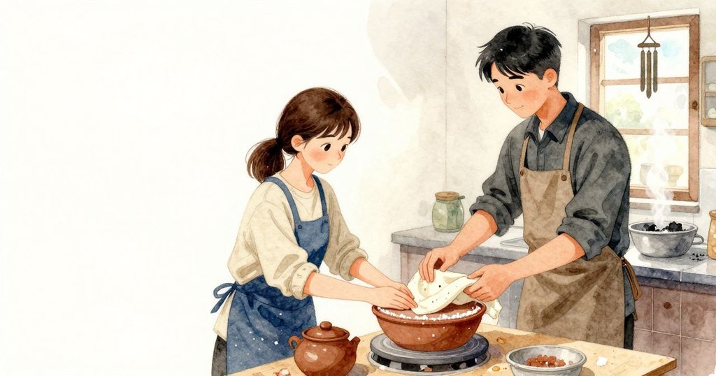 綿の蓋布の小さなジャカードの凹凸が素焼きの縁に沿って光を受け、塩のような白い粒が縁に残るのを、Dinahが手のひらを布の上に止めたまま見ている。Nilesはまな板のそばで壺を静かに支え、窓の下のたらいからは茶葉と灰の冷ややかな匂いが薄く上がる。戸口の向こうで風鈴が応えるが、ここではタイルの床が空気をゆっくりにし、作業台の上は静かだ。