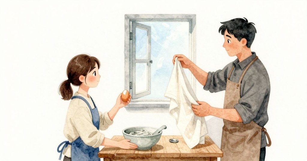Nilesが布の四隅を持ち上げ、封がほどけた途端、鋭い気配の息が立ちのぼって薄れ、開いた窓へ流れていく。Dinahは半分だけ塗られた卵の上で手を宙に止め、片方の指関節に明るいペーストが点のように残る。肩がわずかに引かれ、空気が軽く澄んでいくのを待っている。