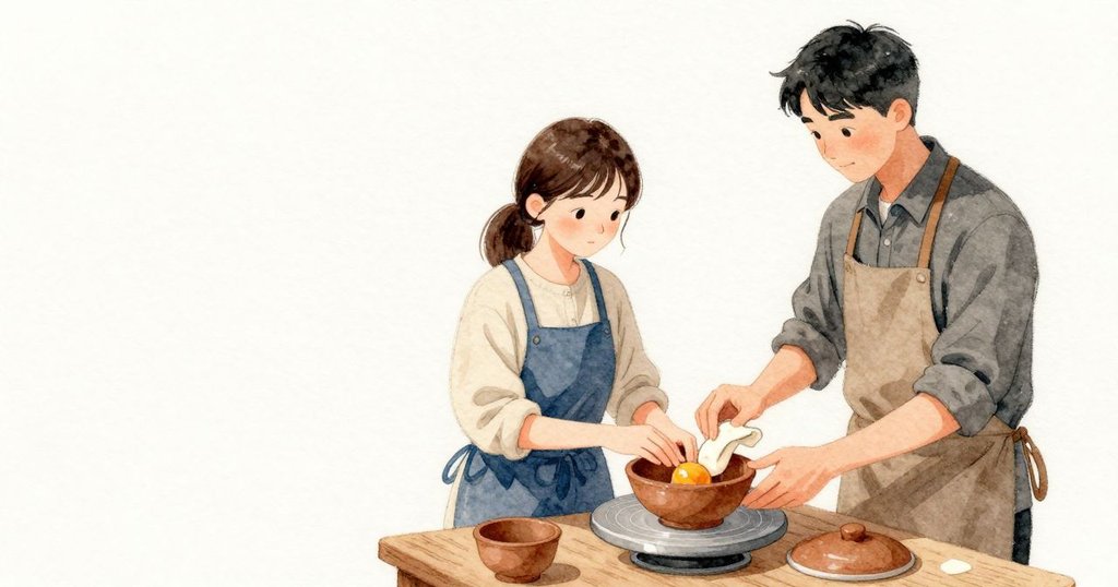 Dinahが乾いた布の角で、濡れた縁に押されて汚れた札を軽く押さえて拭き、まな板に空間を戻すように空の壺を指幅だけ引く。切り分けた琥珀の卵はその場に落ち着き、彼女は鉢に戻って最後の継ぎ目をゆっくり円で転がし、卵を滑らかなつや消しの小丘に整える。Nilesが新しい蓋を載せ、Dinahは冷たい粘土を縁に押し当てて収まりを確かめる。