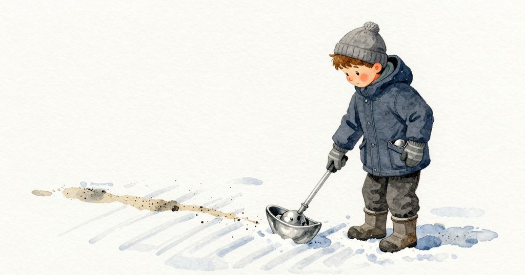 Drakeが手袋越しに小さな錫の延べ棒を取り出し、雪の肋のような筋を一掃して濃い砂粒の見える帯を作る。延べ棒はざらついた帯をチャタチャタと走り、長い音になる前に疲れたような鳴りで止まる。薄い昼の光が氷に落ち、冷たい空気が静かに立つ。