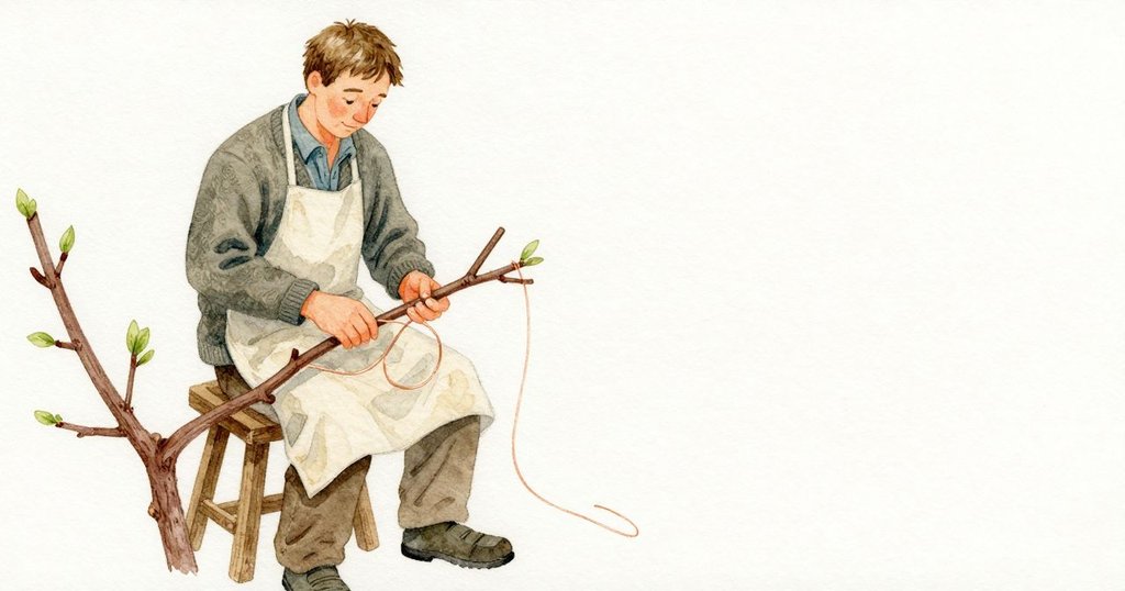 그의 손가락이 멈추며 두 번째 철사가 느슨해지고, 엄지로 구리를 받치고 다른 손이 돌렸다 멈추어 곡선을 숨 고르듯 자리 잡게 둔다. 가지는 살아 있는 탄성으로 미세하게 밀어 돌아오고, 싹 가까이에서 교차하던 두 나선이 나무결을 가리자 그는 꼬리를 들어 새 철사를 풀어 작은 동그라미로 말아 둔다.