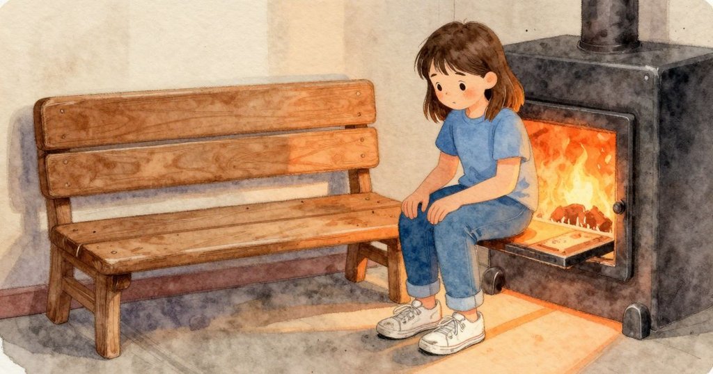 Clara가 닳아 반들거리는 나무 벤치에 앉아 발꿈치와 발끝을 맞추어 바닥의 색 칠된 선을 따라 놓고 있다. 작업장 바닥에는 가마의 열린 입에서 온기가 느리게 퍼지고, 주황빛이 신발과 선 위를 부드럽게 덮는다. Clara의 손가락은 깍지 낀 채 미세하게 떨리고, 벤치의 얕은 홈은 무릎을 안정하게 받친다.