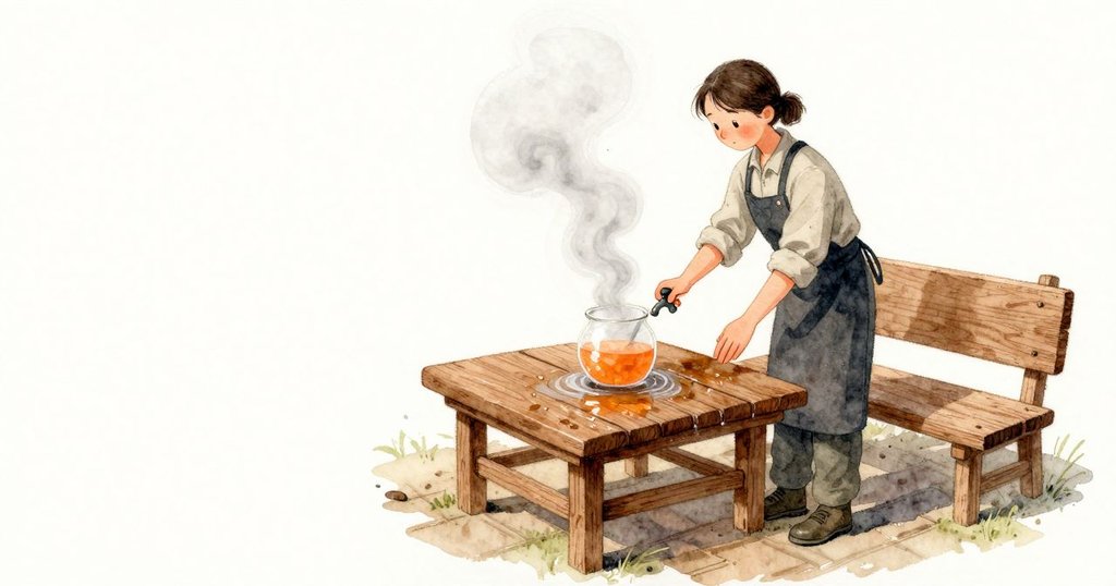 젖은 나무 틀이 뜨거운 유리를 살짝 받자 옅은 김이 짧게 튀어 오르고 곧 가늘게 흩어진다. 파이프의 금속 링이 테이블을 톡 치는 소리가 퍼져 Clara가 앉은 벤치의 널빤지까지 잔잔히 전해진다. 유리는 느리게 돌며 안정되고, 젖은 나무 표면은 열을 만난 자리에서 반짝인다.