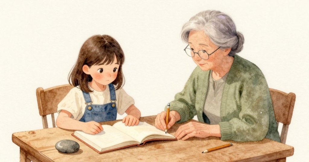 할머니의 펼쳐진 책 위에 엷은 꽃 자국이 크림빛 종이에 번진 듯 보이고, 낡은 린넨 표지는 실밥이 드러난 경첩과 손에 닳아 반들거리는 모서리를 보여 준다. 접힌 자리 옆에 매끈한 강돌이 놓여 있고, 연필이 여백을 향해 비스듬히 쉬고 있다. 따스한 나뭇결의 식탁 위로 오후의 부드러운 빛이 스며들고, 송진 섞인 달큰한 냄새가 오래 눌린 꽃의 마른 숨결과 함께 조용히 번진다.