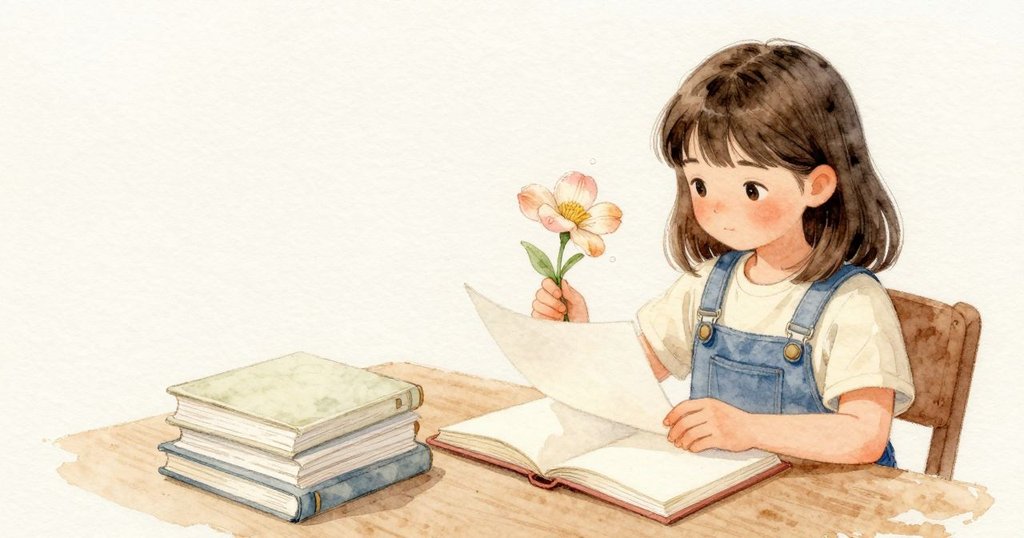 Lucia가 단단한 등배의 새 책을 가까이 끌어오자 밝은 종이와 두 장의 깨끗한 누름 종이가 가볍게 스친다. 오늘 모은 작은 더미에서 신선한 꽃 하나를 집어 드는데, 이슬은 사라졌어도 꽃잎은 아직 유연하고 줄기는 그늘을 머금은 듯 서늘하다. 책의 창백한 면들이 열려 조용히 맞이하고, 방 안에는 완만한 오후빛이 고르게 머문다.