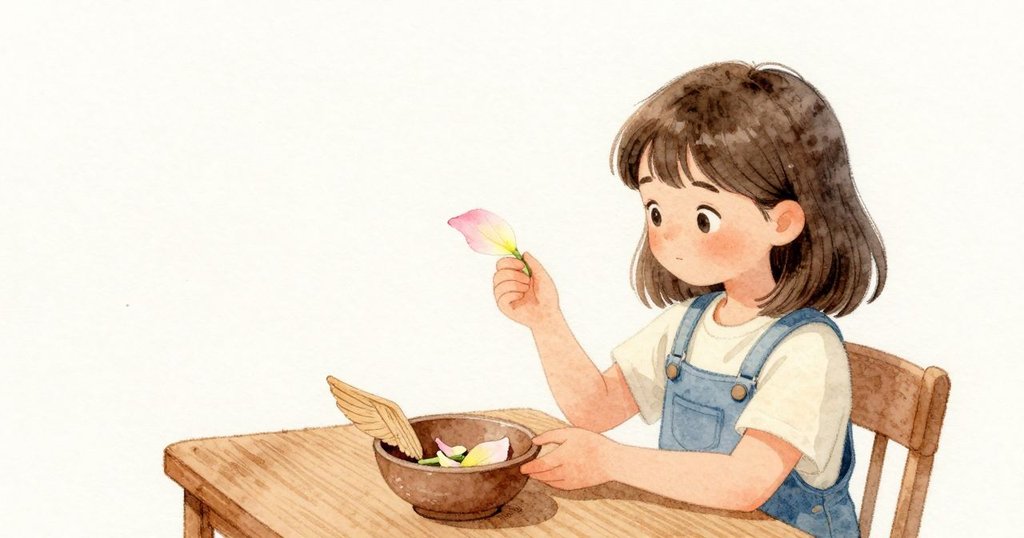 첫 번째 꽃잎이 손끝에 말려 매달리자 Lucia는 두 손을 종이 위에 멈추어 기다린다. 곧 꽃잎이 풀리면 중심에서 바깥으로 부드럽게 눌러 잔맥을 펴고, 가장자리가 주름 없이 종이에 눕도록 한다. 책을 반쯤 닫다 멈춰 다시 펼치고, 꽃을 한숨 더 넓게 벌려 맞춘다. 그릇 속 작은 나무 날개는 자리에 그대로 있고, 그녀의 손은 꽃과 종이에만 머문다.