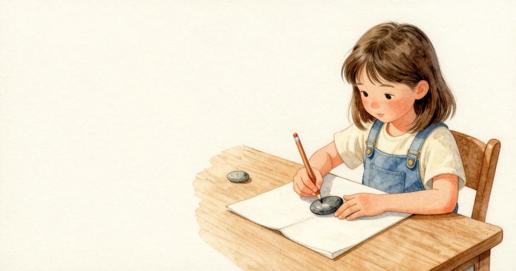 Lucia가 여백에 연필로 오늘의 선을 차분히 그은 뒤, 누름 종이를 느리게 겹쳐 맞춘다. 차갑고 단단한 강돌이 그녀의 손바닥으로 미끄러지듯 들어오고, 새 책의 천 표지 위로 조심스레 내려앉는다. 눌린 공기가 살짝 빠져나가는 기척이 들리고, 늦은 오후의 따뜻해진 빛이 고요한 나뭇결 위에 머문다.