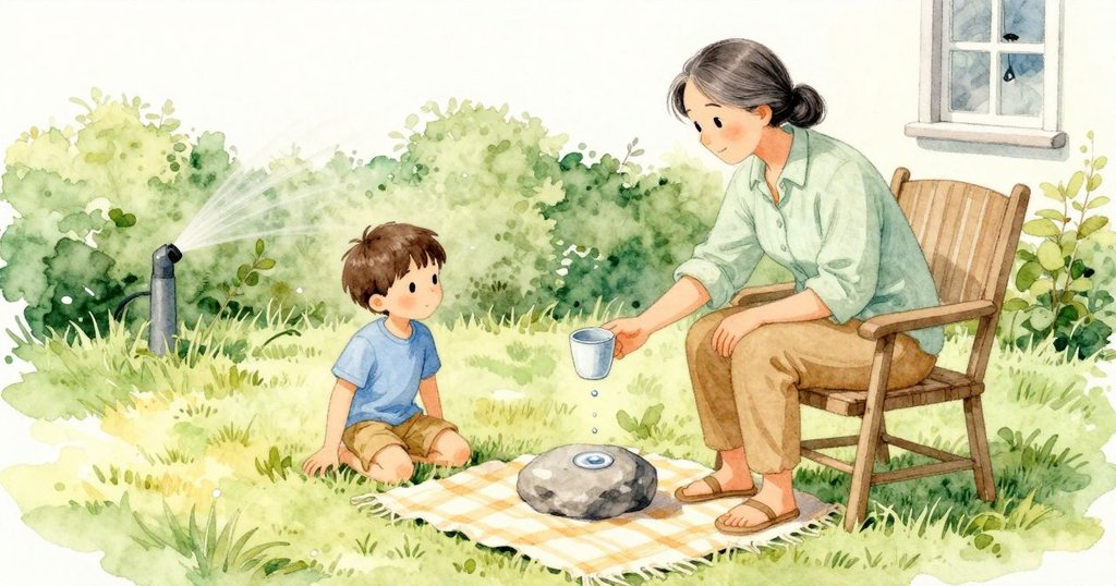 Ben이 컵을 돌 위에 내려놓고 새 담요 한가운데에 손바닥을 평평하게 누르자 햇볕에 구운 듯한 포근한 냄새가 오른다. 울타리 옆 스프링클러는 다시 여덟 박의 멈춤에 들어가고, 창가의 풍경은 고요히 쉰다. 컵의 테두리에는 서둘지 않는 듯 새 물방울이 다시 맺힌다.
