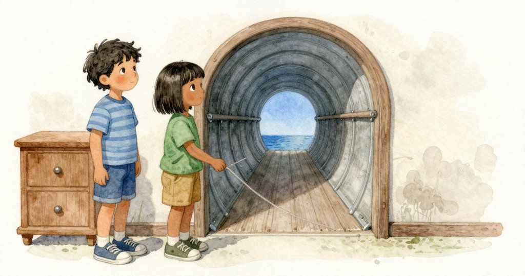 금속 고리가 딸깍이며 보트를 끌어올리고, Kieran이 선체를 한 번 두드려 서로의 타이밍을 맞춘다. 그의 발뒤꿈치가 바닥 지지대에 살짝 닿고, 시선은 출구 아치가 틀어준 하늘 조각으로 기운다. 보트가 흔들릴 때 두 아이의 어깨가 만나고 떨어졌다가 다시 맞닿으며, 나무의 낮은 울림과 함께 조용한 균형을 이어 간다. 어둑한 실내는 출구 쪽으로 갈수록 점점 밝아진다.