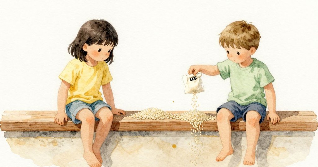 Niall 用一張卡片靠著欄杆,讓米粒順著邊緣往下流。Xanthe 捏著小帆布袋,倒出細細的沙線穿過米流,沙先篩下去,米在後面堆成短短的小丘。有幾粒從細縫溜下,在牆上拖出淡淡的一道;旁邊一點琥珀色的松脂正滲出,黏住細微的粉屑。