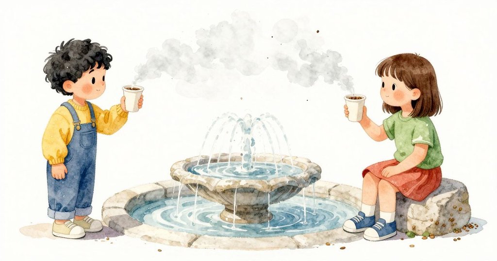 水霧飄近，Zadie喉頭一陣涼意，她把小紙杯往回挪，抬起手臂擋住細細的濺水，讓更細的一條鳥食慢慢落下；潮濕的穀粒在淡色石面上顯得更深。