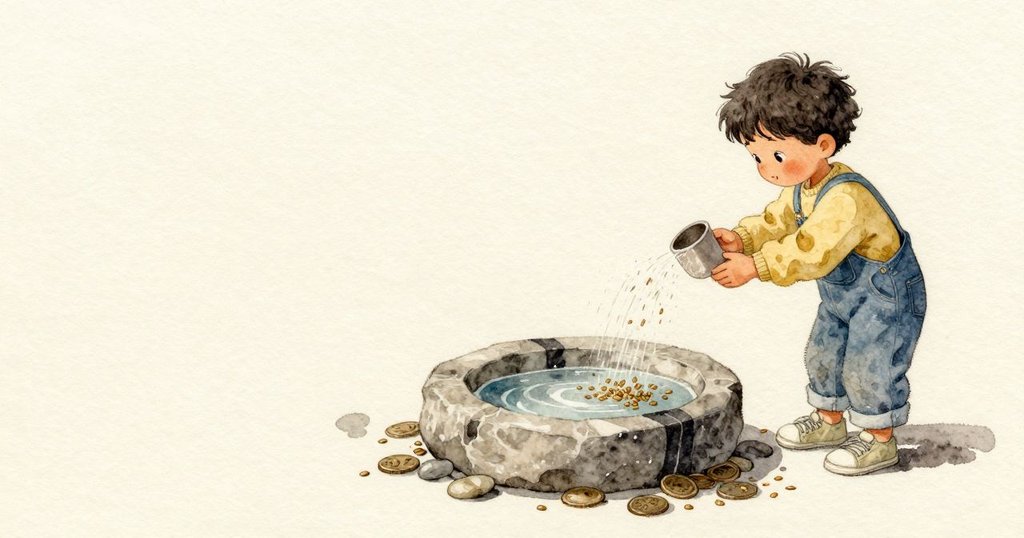 紙杯邊緣因水霧變得柔軟，Zadie握著時微微晃動；一處摺口鬆開，一道鳥食順著弧面滑下四散，有些落入水盆，停在發暗的硬幣與光滑小石之間，另一些貼在石緣上那條濕黑的痕上。