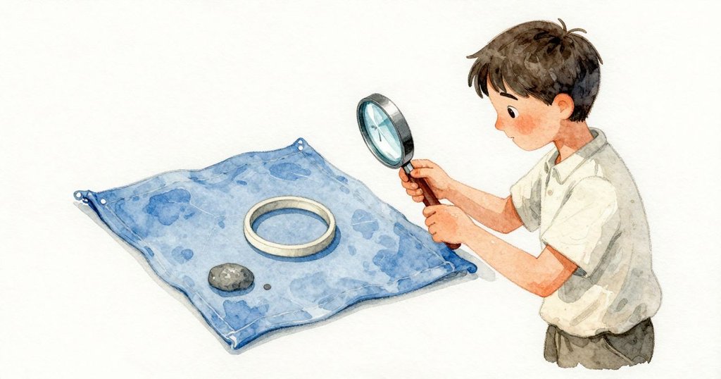 Iris 取起放在碗邊的放大鏡，靠近垂掛的藍色方巾；透過鏡片，布紋被放大，經緯像細小的路。靠近中心處出現一圈淡色圓痕，正好與鏡緣同大。她一手穩著鏡片，一手用濕指描著圓邊；夾住的角落拉著手臂，晾衣繩輕輕擺動，最後一滴水落在石面上印出深圓點。