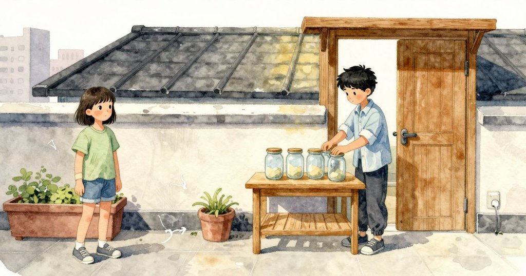 在平坦的屋頂上,小木工作台靠著未上鎖的樓梯門,Eli 和 Kieran 把幾個玻璃罐排成一列。低矮而結實的女兒牆高過腰,兩個盆栽之間留有舊粉筆箭頭。黑色屋面散著熱,城市的聲音輕輕飄來。罐子映著淡淡的天空光,門把安靜不動。