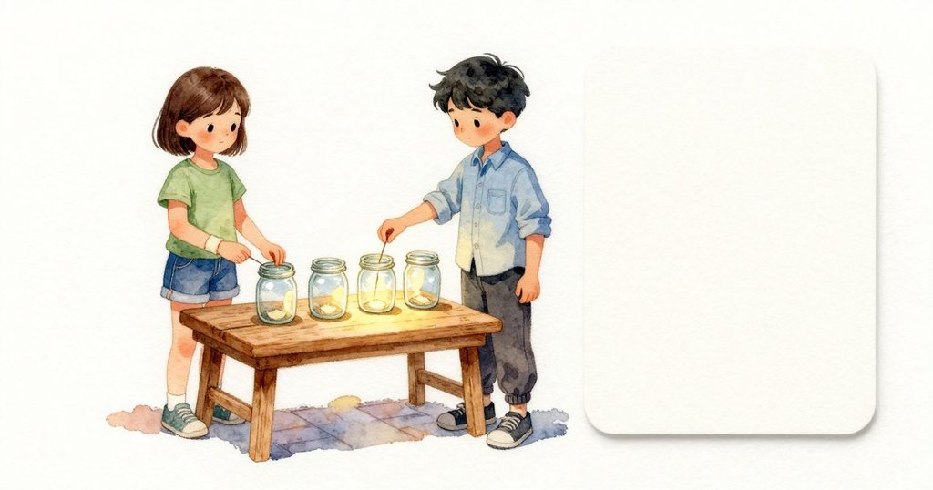 Eli 把玻璃罐在工作台上往前推一手寬,再次敲出音階。靠在罐子旁的科學家圖片卡片隨每一下輕敲,角落在台面上輕輕一叩。Kieran 在旁邊看著。