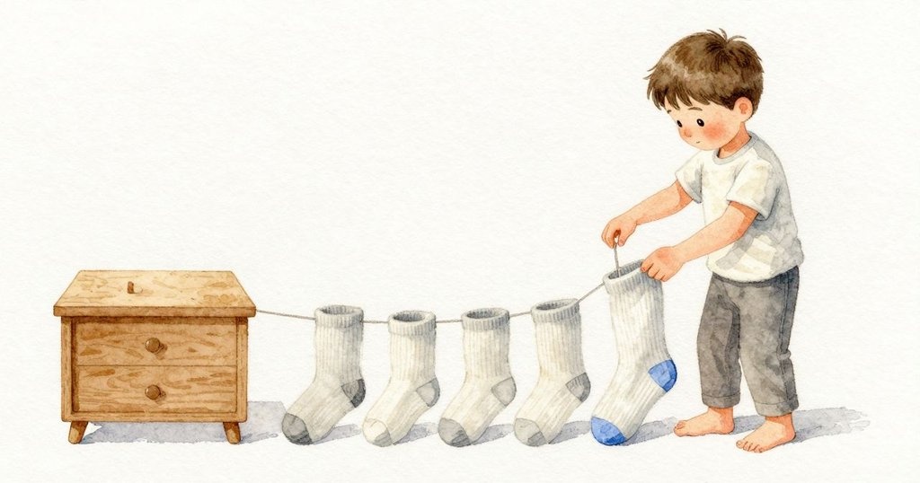 Max一件件把輕薄的襪子夾上繩子；突然一枚硬緊的夾子彈到他的拇指，他縮了一下手。他再試著把最短的襪子排進長襪之間，它先勾住，沿著繩子滑了小小一段，碰到旁邊帶藍色後跟的那只。