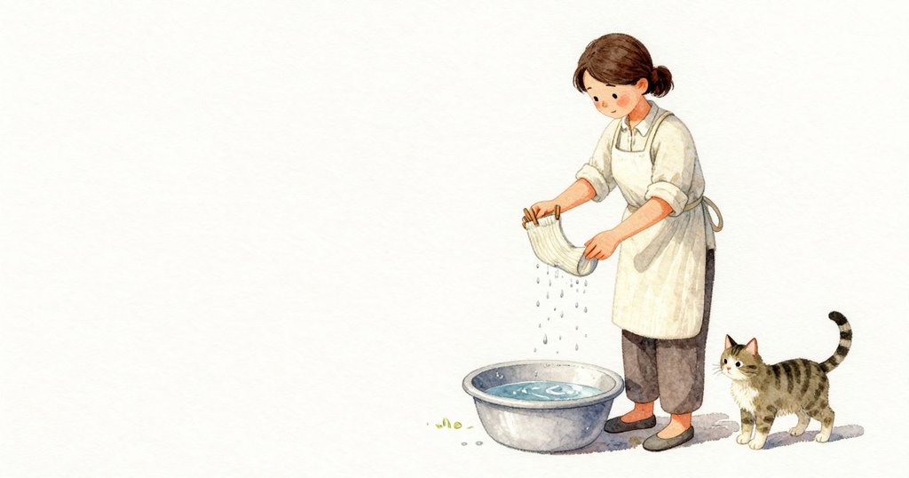濕襪被輕碰後慢慢轉動，水珠沿著織紋滾下，滴在下方的盆邊發出細小聲響；一排夾子夾在繩上，貓站在附近安靜看著。