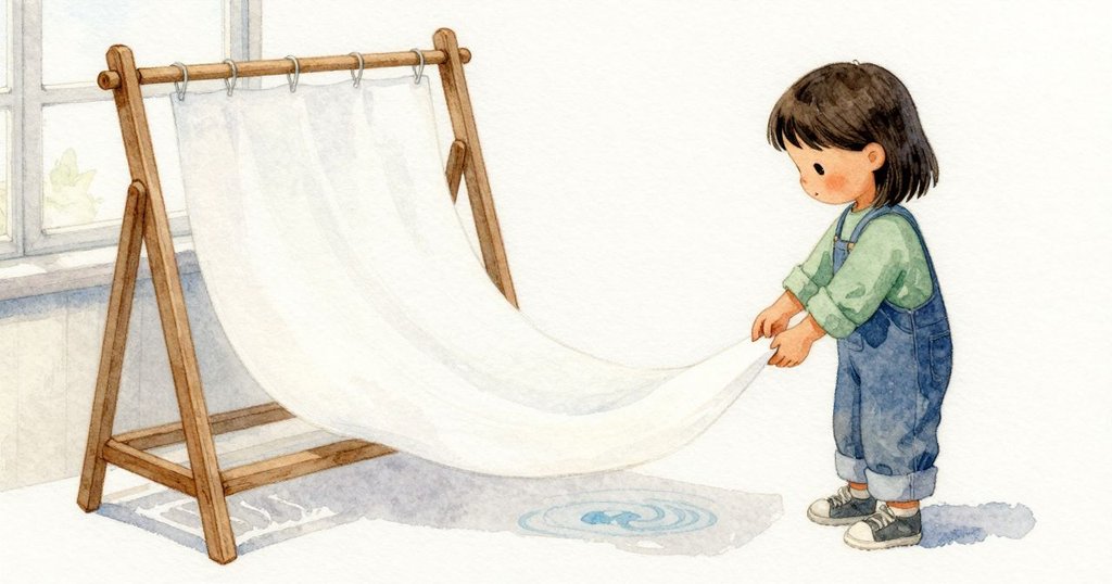 晃動傳到晾紙架，一張濕紙來回輕輕擺動，底角下垂，擦到下方的印張，留下一抹淡藍的渦紋，像小小的浪。Xyla用小心的手指提起下緣看了看，又輕放回去。細桿還慢慢地晃了幾下，最後兩張紙安靜地垂著不動。