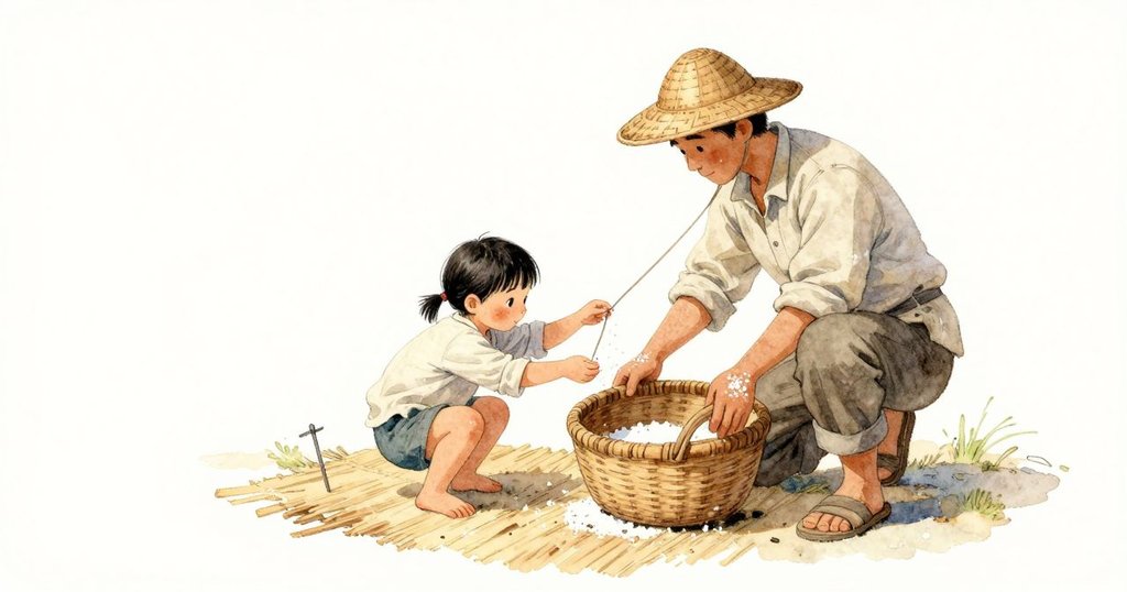 纖維帶忽然脫離木樁，輕彈回來碰了Mae的勺子，鹽粒灑在她的衣袖上；Otto即時按住籃子讓它穩住。Mae蹲下去要接住鬆掉的帶子，蘆葦墊上也點著幾粒亮白結晶。