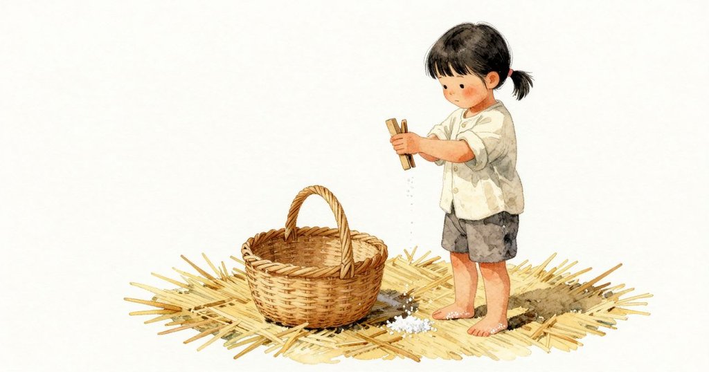 Mae轉動手腕，將帶子扭一圈重新掛回木樁；帶子卡進新的凹口，拉得筆直。她袖口細細落下鹽晶，點在蘆葦墊上；她把籃子輕輕拉近，藤邊彈回後整齊地貼合。