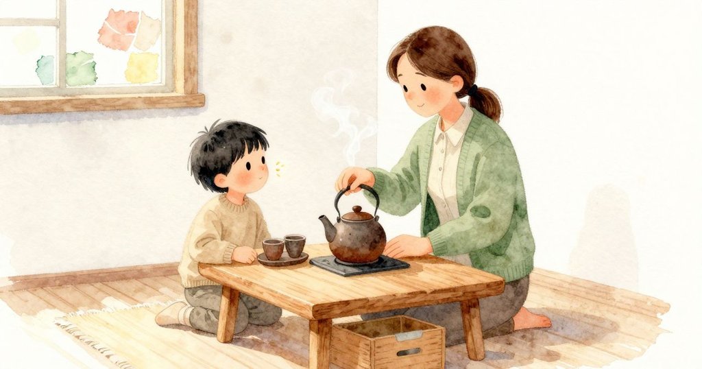 Dana傾著壺把熱水注入小茶壺,蒸氣撲在Archie臉上發暖;茶壺穩穩坐在柔軟的橡膠墊上被壓平,兩只小杯在托盤上等著,托盤下是木箱;架邊的拼貼在光裡微亮,整個茶角在溫和日光與室內燈光中安靜。