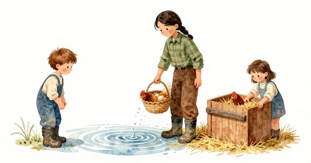 在水槽旁,喙尖沾水又抬起,水面漣漪擴散成小小圓圈;一隻母雞沉下身進稻草,巢箱輕輕一聲。Hollis把溫暖的蛋安放進籃裡,Dana把木閂滑上,稻草仍舊金黃、木色溫厚,光線變得更柔和。