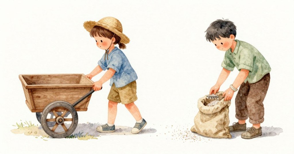 Seren用短短的圓弧把灑出的鹽耙回來,再倒進帆布袋;她扶著袋口時,指尖沾著細鹽粉。左輪的木質輪轂留著一圈細細的白環。Forrest小心地抬起車角,再用手轉動一次輪子,輪子鬆開,慢慢滾動,在路上留下一道淡淡的弧線。空氣溫暖而安靜。