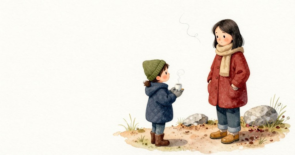托盤上升起的蒸氣在寒空裡輕輕盤旋,從 Lucia 外套的口袋邊拐過;口袋裡的小香袋被暖意喚醒,淡淡的辛香融進潮濕泥土味。Lucia 安靜站著看,日光在她的外套與腳邊的陶土上輕輕一落。