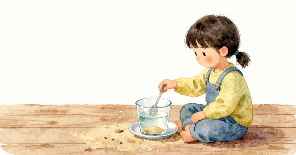 湯匙輕彈一撮鹽，白點散落在沙面上，有些落進淺水裡，輕輕碰到玻璃後便沉下。Vivian的手按在冰涼的托盤邊，讓一切穩住。鹽粒在淺褐沙面上清亮可見，水皿映著窗光。