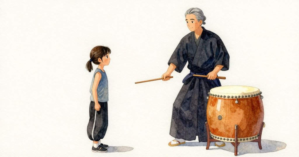 Thea把bachi靠近鼓邊，鼓面回以更輕快、明亮的聲色；她收窄手肘，讓節奏緊實而穩住。前方的sensei以小圓圈舉起棒子，整個弧線上的手同時抬起，沒有留下空白。